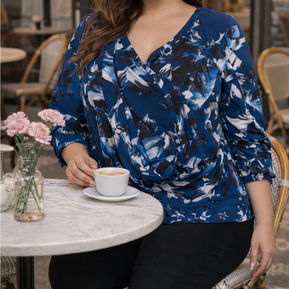 Alfani Blue Floral Layered Blouse | Women’s Plus Size Top 16W
